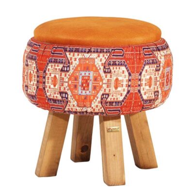 Round Velvet Footstool with Wooden Legs Inspired by Persian Art Orange