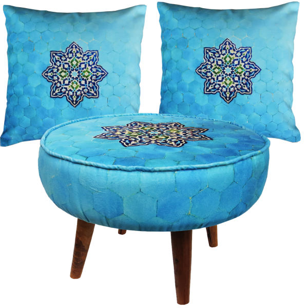Eclectic Round Velvet Footstool & Cushions Set Inspired by Persian Art