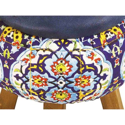 Round Velvet Footstool with Wooden Legs Inspired by Persian Art Blue