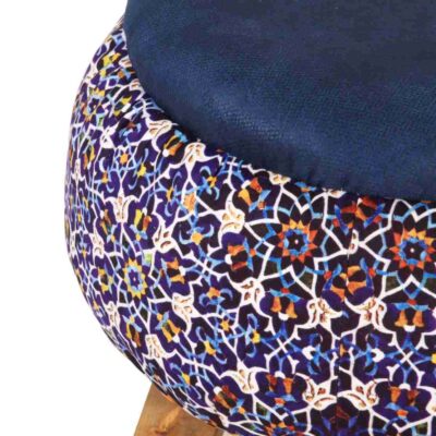 Round Velvet Footstool with Wooden Legs Inspired by Persian Art Navy Blue
