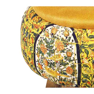 Round Velvet Footstool with Wooden Legs Inspired by Persian Art Yellow