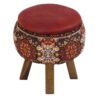 Round Velvet Footstool with Wooden Legs Inspired by Persian Art Red