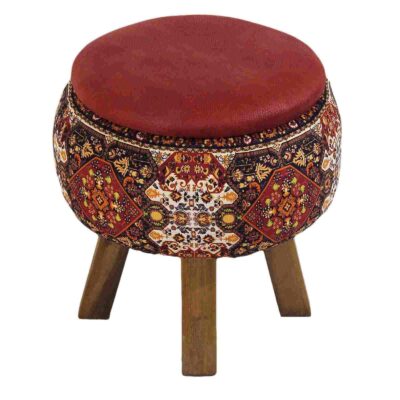 Round Velvet Footstool with Wooden Legs Inspired by Persian Art Red