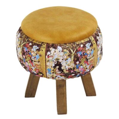 Round Velvet Footstool with Wooden Legs Inspired by Persian Art Yellow Pictorial