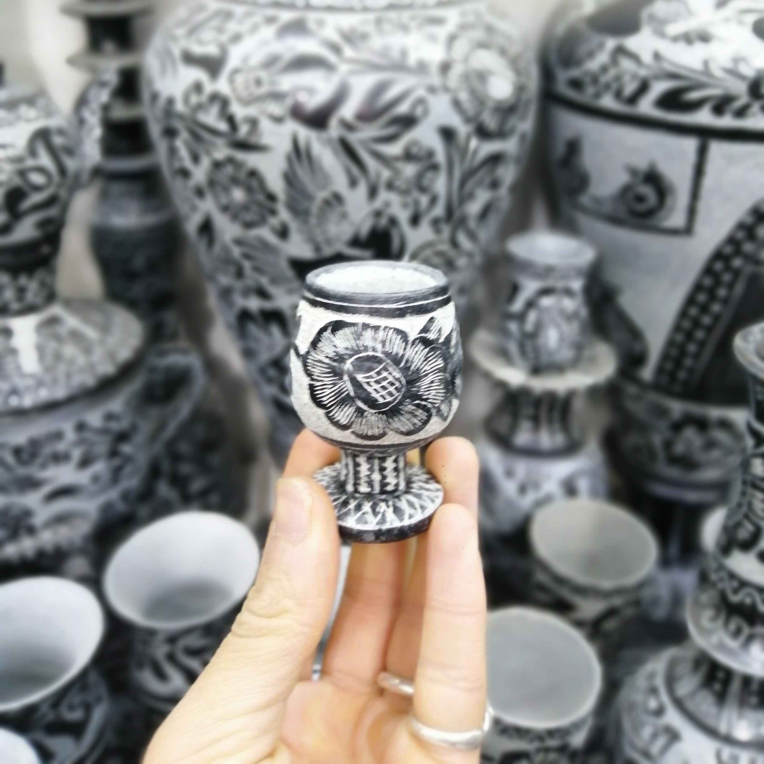 Handcrafted Stone Coffee Cup with Pedestal & Flower Design 2-Piece