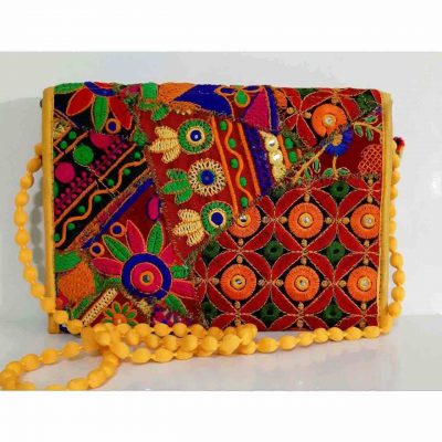 Embroidered Velvet Clutch Handbag with Floral Circles