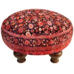 Traditional Red Persian Footstool with Wooden Legs and Velvet Fabric Round