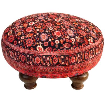 Traditional Red Persian Footstool with Wooden Legs and Velvet Fabric Round
