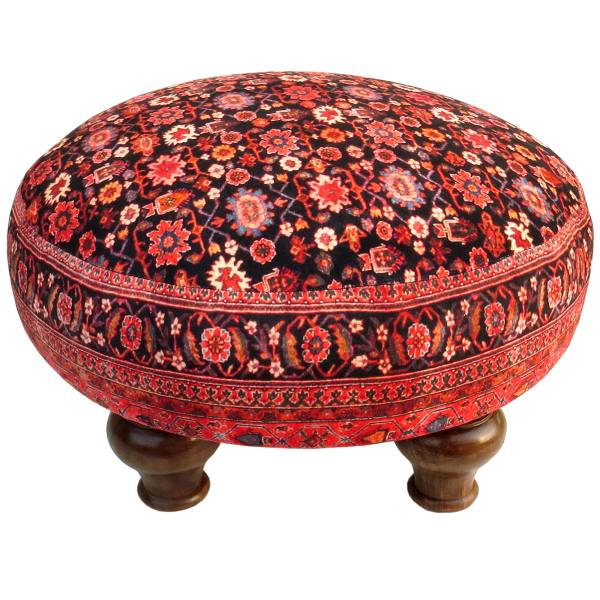 Traditional Red Persian Footstool with Wooden Legs and Velvet Fabric Round