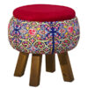 Round Velvet Footstool with Wooden Legs Inspired by Persian Art Red Akam