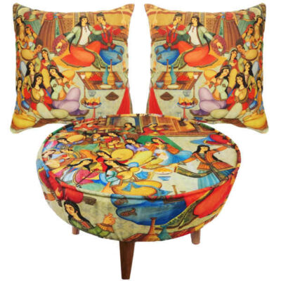 Eclectic Velvet Footstool & Cushions Set Inspired by Persian Art