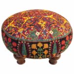 Traditional Persian Footstool with Wooden Legs and Velvet Fabric Art