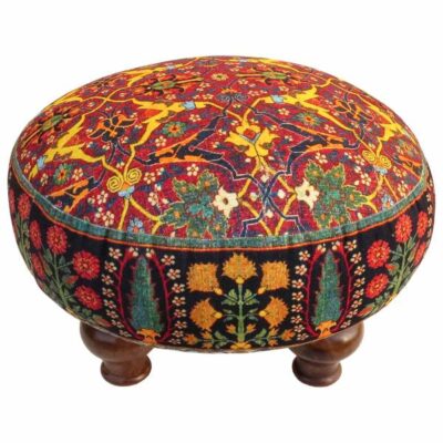 Traditional Persian Footstool with Wooden Legs and Velvet Fabric Art