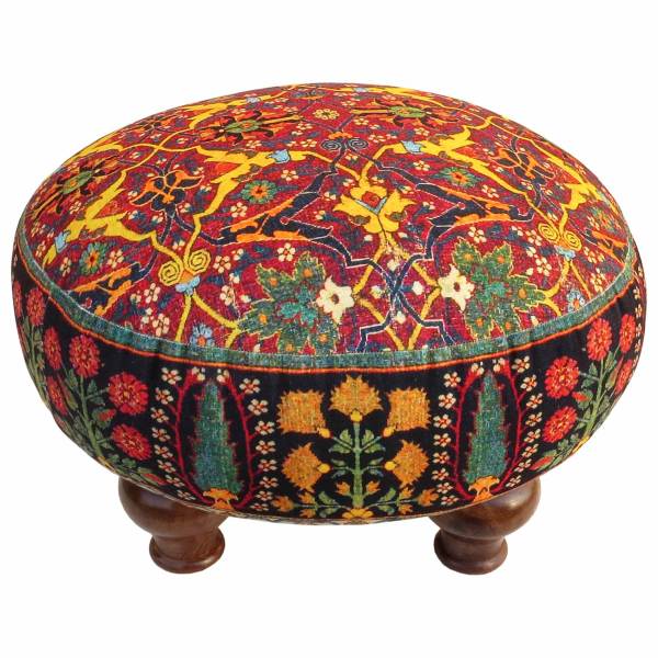 Traditional Persian Footstool with Wooden Legs and Velvet Fabric Art