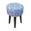 Round Velvet Footstool Inspired by Persian Art Blue Geometric