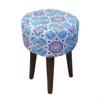 Round Velvet Footstool Inspired by Persian Art Blue Geometric