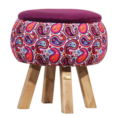 Round Velvet Footstool Inspired by Persian Art Pink Flowers