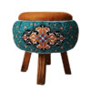 Round Velvet Footstool Inspired by Persian Art Green Flowers