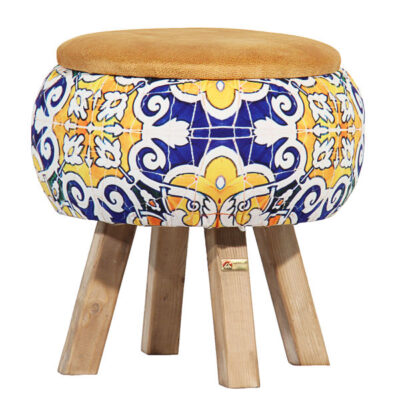 Round Velvet Footstool Inspired by Persian Art Floral