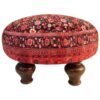 Traditional Red Persian Footstool with Wooden Legs and Velvet Fabric Round