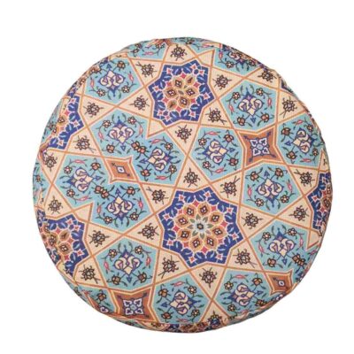 Round Velvet Footstool Inspired by Persian Art Blue Geometric