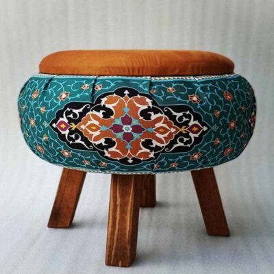 Round Velvet Footstool Inspired by Persian Art Green Flowers
