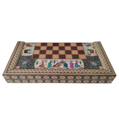 Persian Inlaid Wooden Marquetry Chess Board with Miniature Inspired Painting Design