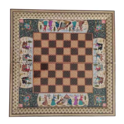 Persian Inlaid Wooden Marquetry Chess Board with Miniature Inspired Painting Design