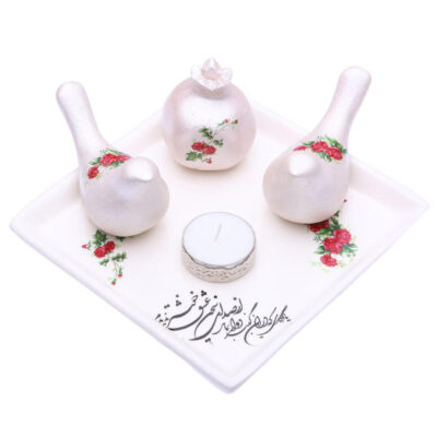 Set of Persian Pottery Tealight Candle Holders Birds & Pomegranate