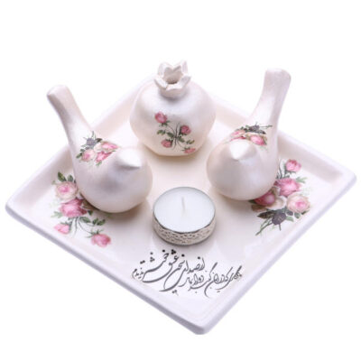 Set of Persian Pottery Tealight Candle Holders Pomegranate & Bird