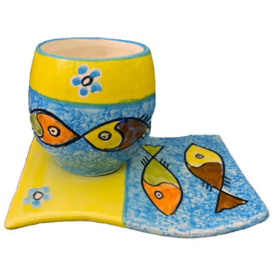 Artistic Pottery Mug – Decorative with Coaster, Fish Model
