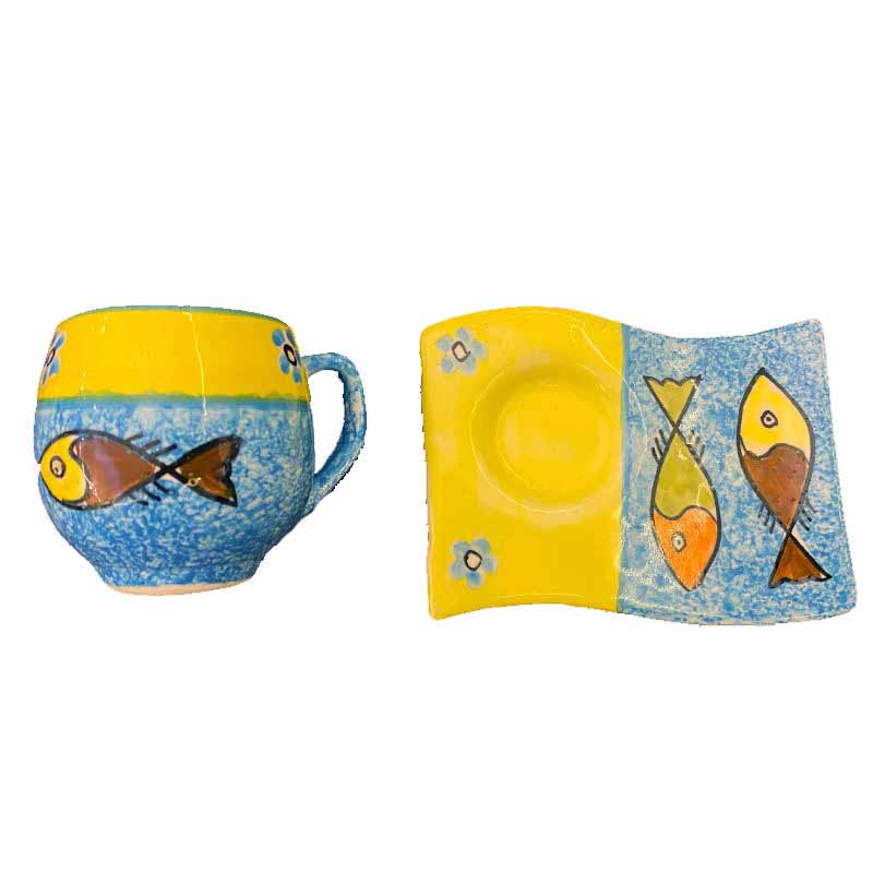 Artistic Pottery Mug – Decorative with Coaster, Fish Model