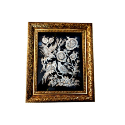 Handmade Framed Persian Engraved Copper Art Birds – Traditional Wall Decor