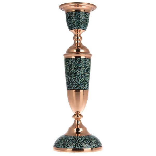 Handcrafted Persian Copper Candlestick - Inlaid Turquoise Design - Yas