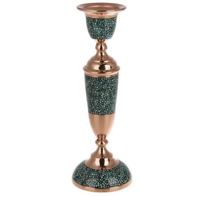 Handcrafted Persian Copper Candlestick – Inlaid Turquoise Design – Yas