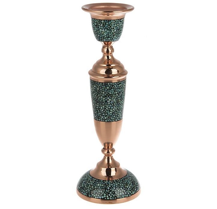 Handcrafted Persian Copper Candlestick – Inlaid Turquoise Design – Yas