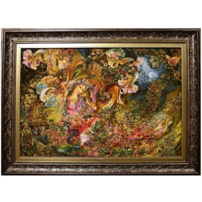Hand-Knotted Persian Wall Hanging Rug from Tabriz Depicting Cycle of life Miniature