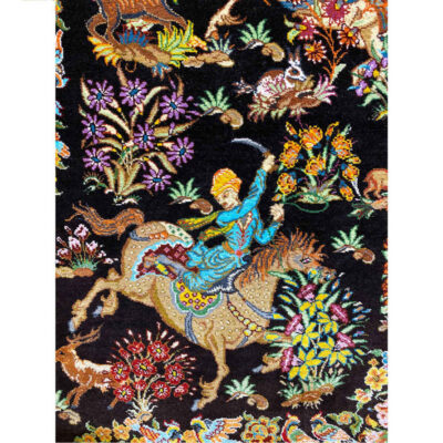 Hand-Knotted Persian Pictorial Rug from Qom Depicting Hunting Ground