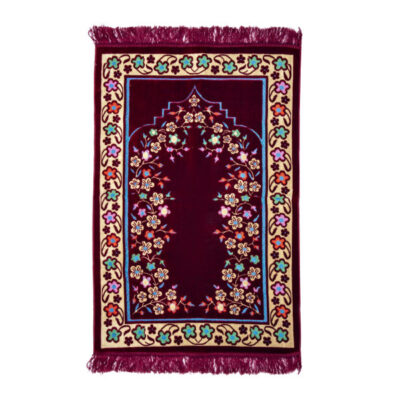 Islamic Prayer Rug Padded Red Velvet Sajadah with Floral Design for Muslims