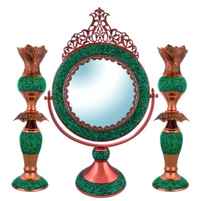 Persian Copper Mirror Frame & Candlesticks Set – Inlaid Turquoise