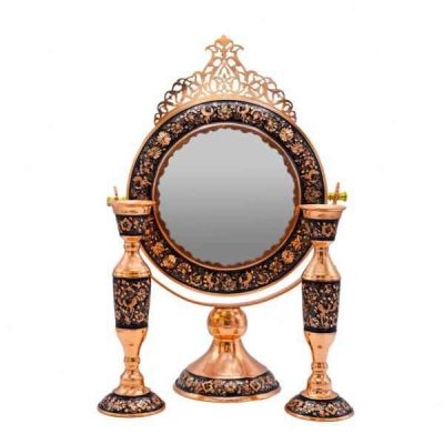 Engraved Persian Copper Mirror Frame & Candlesticks Set – Ghalamzani
