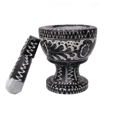 Stone Mortar & Pestle with Traditional Persian Floral Pattern Flor