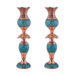 Handcrafted Persian Copper Candlestick - Inlaid Turquoise - Model Tulip