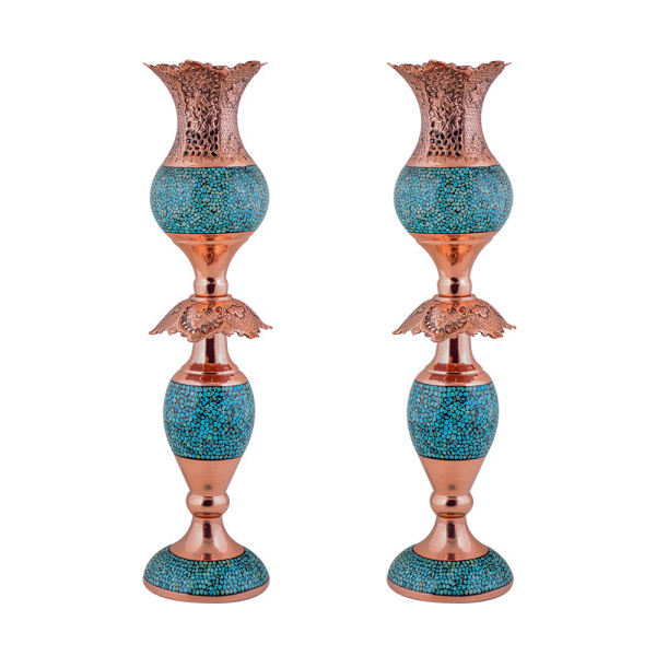 Handcrafted Persian Copper Candlestick - Inlaid Turquoise - Model Tulip