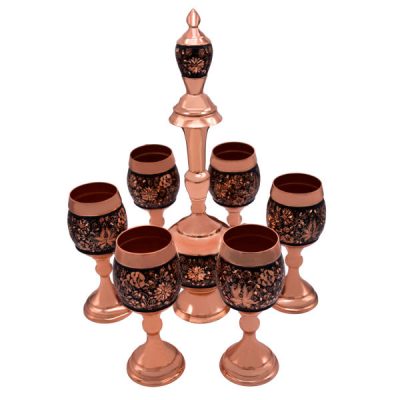 Set of Ghalamzani Copper Persian Pitcher & Cups