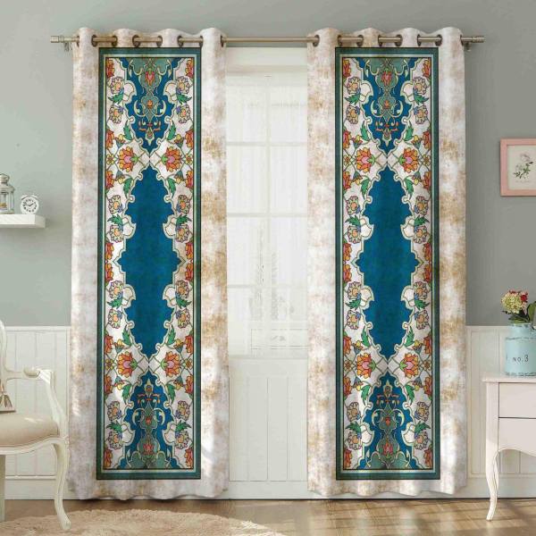 Velvet Printed Curtain Punch Style Blue & Orange - ShopiPersia