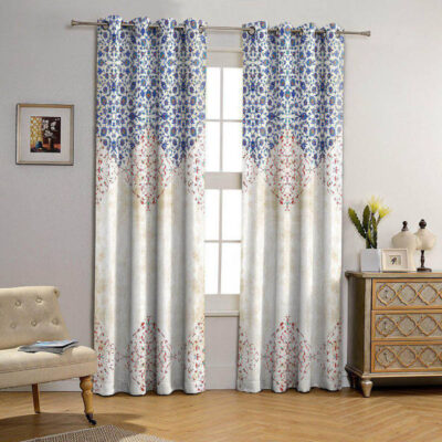 Printed Velvet Eyelet Curtain – Gold & Blue