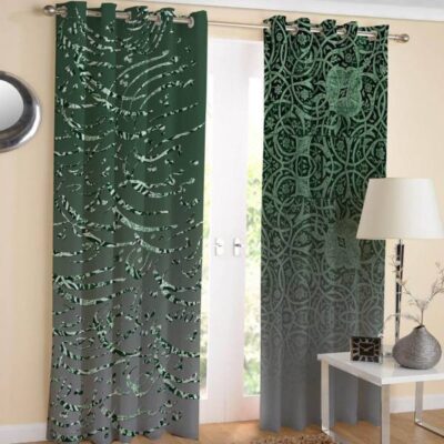 Printed Velvet Persian Eyelet Curtain – Green Calligraphy