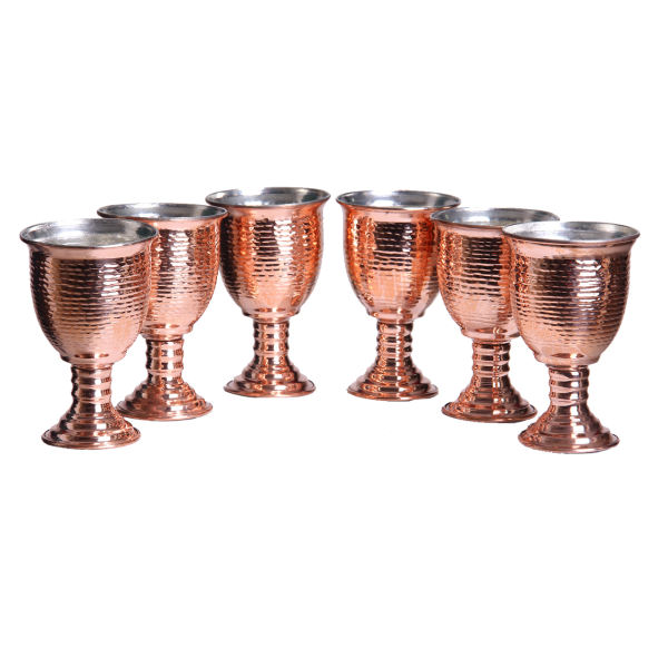 Set of 6 Handcrafted Persian Copper Wine Glass Stemware - Hammered Model Jaam