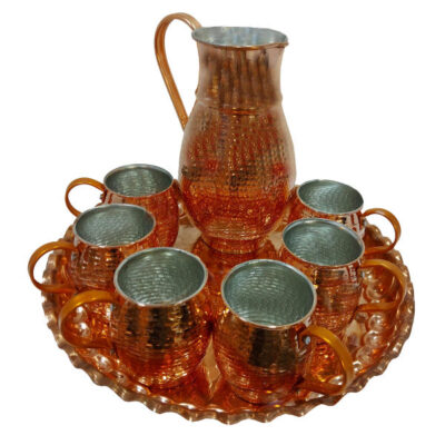 Persian Copper Cup – Set of 8 Handcrafted with Handle for Cold Drinks – Hammered with Pitcher